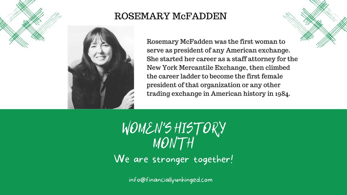 FinUnhinged's tweet photo. In honor of Women’s History Month, Financially Unhinged is celebrating Rosemary McFadden. 

#financialeducation #financialfreedom #makingmoneymakesense #awholelottamoney #podcast https://t.co/R69Fgi7fqO