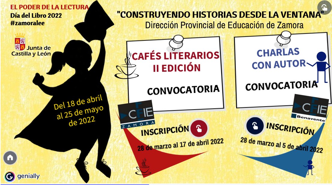 Desde la DP Zamora:"El poder de la lectura"
Convocados: Cafés literarios <a href="/cfiezamora/">CFIE de Zamora</a> y Charlas con autor <a href="/cfiebenavente/">cfiebenavente</a> dentro de la programación "Construyendo historias desde la ventana" para celebrar el día del libro 22
#zamoralee <a href="/Hoy_Libro/">¡Hoy Libro!</a> <a href="/educacyl/">Educación JCyL</a> #formaciónCyL #innovaCyL