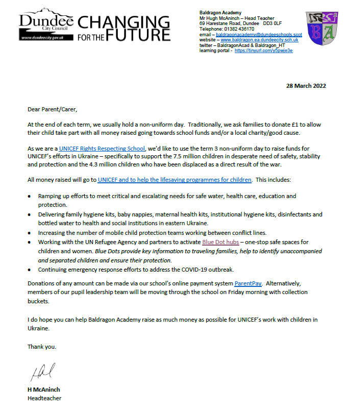 As a UNICEF Rights’ Respecting School we are raising money for UNICEF’s work with children in Ukraine by having a non-uniform day this Friday - the last day of term. Staff &amp; pupils can donate via ParentPay accounts or into the buckets that will be circulating on Friday morning.