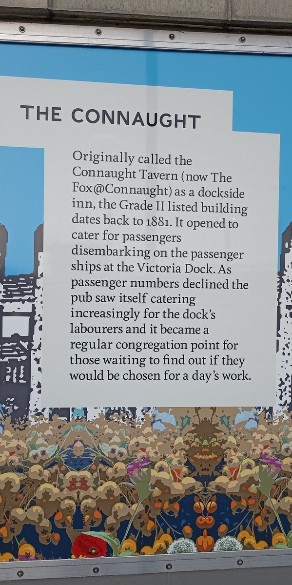 a snapshot of part of a colourful digital mural, the heading is THE CONNAUGHT and the text says "Originally called the Connaught Tavern (now The Fox@Connaught) as a dockside inn, the Grade II listed building dates back to 1881. It opened to cater for passengers  disembarking on the passenger ships at the Victoria Dock. As passenger numbers declined the pub saw itself catering increasingly for the dock's labourers and it became a regular congregation point for those waiting to find out if they would be chosen for a day's work."