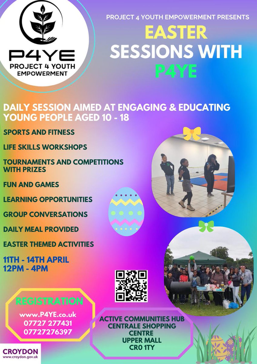P4YE_'s tweet photo. Easter Sessions with P4YE. Monday 11th - Thursday 14th April. 12pm - 4pm. Please contact us for more information. #Croydon #YouthClub #P4YE #Project4YouthEmpowerment #Mentoring #SupportingYoungPeople https://t.co/Sf7ORZ4t8L