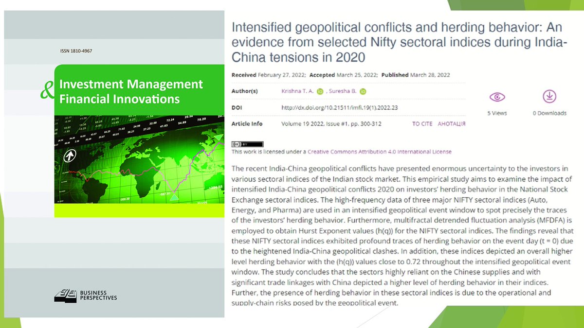 imfi_journal's tweet photo. 🔗 https://t.co/RPNMdG4o1p
📘 Intensified geopolitical conflicts and herding behavior: An evidence from selected Nifty sectoral indices during #India- #China tensions in 2020
👥 Krishna T. A. , Suresha B.
#eventstudy, #herdingbehavior, #Hurstexponent, #multifractalanalysis https://t.co/KS6uotPAr6