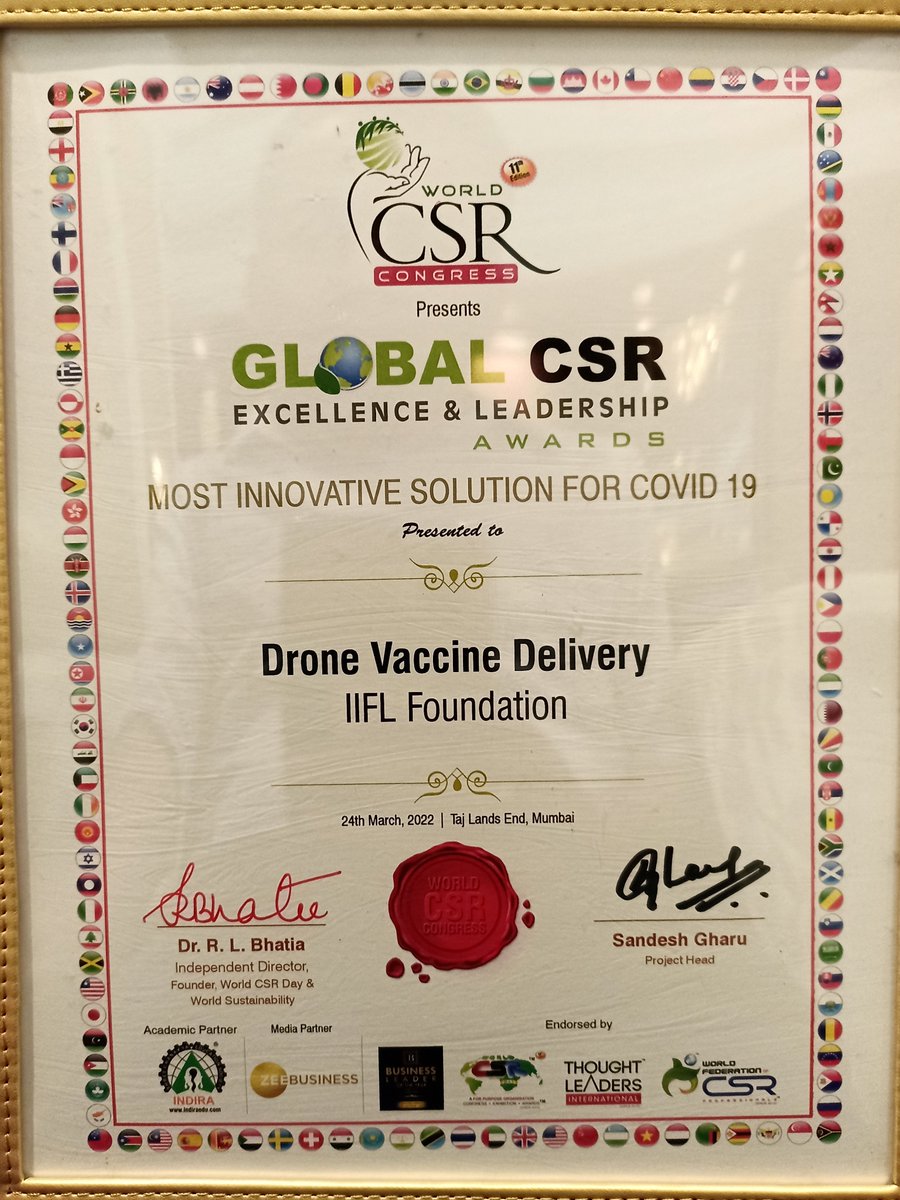 IIFLCorporate's tweet photo. #IIFLFoundation's #Vaccine #Delivery by #Drones has received the '#Most #Innovative #Solution for #Covid-19' at the prestigious #World #CSR #Congress. This is India's first such innovation with 5kg payload and 25km radius. @Madhujain1609 @JainNirmal @venkataraman_27 https://t.co/1Dq3YPhF7h