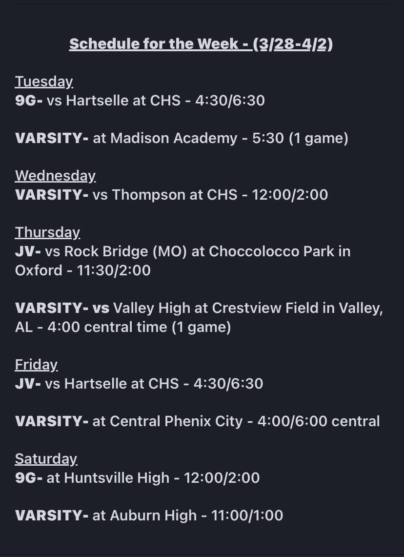 Spring Break Schedule. 

Lots of BASEBALL. That’s what Spring Break is all about! 

@HHS_Baseball1 <a href="/MAMustangsBB/">Madison Academy Baseball</a> <a href="/Thompsonbaseba1/">Thompson Warrior Baseball</a> <a href="/OLDGOLDSPORTS/">Wes Brooks 🧢🦈</a> <a href="/VHSBaseball20/">Valley Baseball⚾️🐏</a> <a href="/cenpc_baseball/">Central-Phenix Baseball 👹</a> <a href="/BASEBALLHHS/">Huntsville Baseball</a> <a href="/AuburnHighBSB/">Auburn High Baseball</a> 

<a href="/CullmanCats/">Cullman High School</a> <a href="/winfreyjake/">Jake Winfrey</a> <a href="/ngriffinuna/">Nick Griffin</a> <a href="/cullmandaily/">Cullman Daily</a>