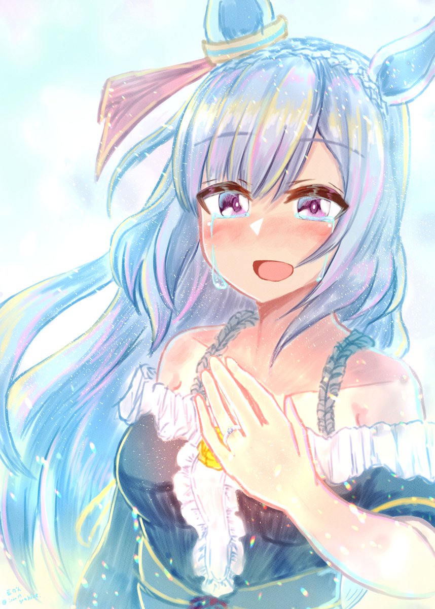 1girl animal ears horse ears solo long hair blue hair crown braid  illustration images