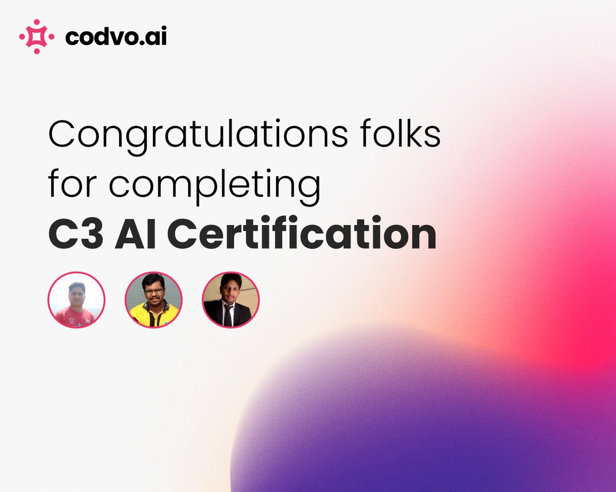 Codvo2's tweet photo. Always great to see our employees upskilling and adding feathers to their hats.
Congratulations, Amol, Tushar, and, Ayan for successfully completing #C3 #certification.
@C3_AI
#Codvo #LifeAtCodvo #C3 #certification https://t.co/uv3JHptZaU