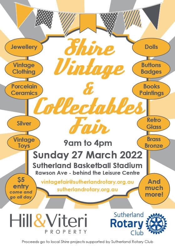 Sutherland Rotary (@suthrotary) on Twitter photo “The Shire Vintage & Collectables Fair “ was held on the 27th of March 2022 at the Sutherland basketball Stadium. Sutherland Rotary would like to thank all our fabulous Stall holders and Sponsors Hill & Viteri Property and MCW Lawyers 
We look forward to see you all next year 😊 “The Shire Vintage & Collectables Fair “ was held on the 27th of March 2022 at the Sutherland basketball Stadium. Sutherland Rotary would like to thank all our fabulous Stall holders and Sponsors Hill & Viteri Property and MCW Lawyers 
We look forward to see you all next year 😊