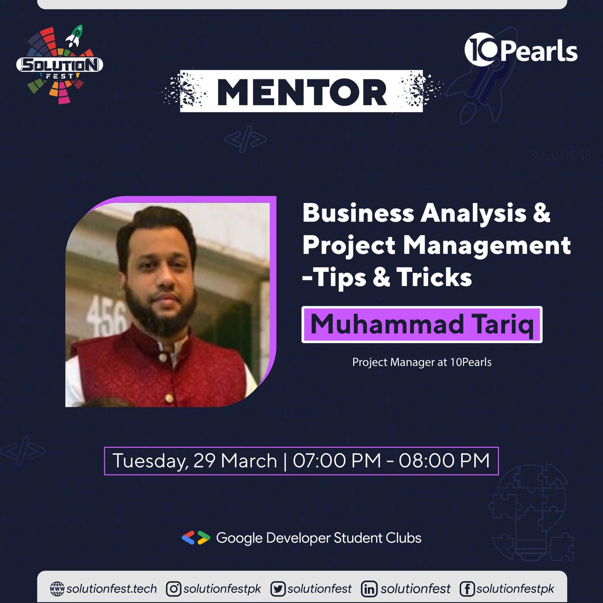 solutionfest's tweet photo. Gear Up!! SolutionFest is now presenting to you our  Mentor MUHAMMAD TARIQ, will be imparting invaluable knowledge on the topic "Business Analysis &amp; Project Manag
Then join us on 29 March 2022 from 7:00 pm to 8:00 pm.

#SolutuonFest #GDSC #SolutionChallenge #DeveloperStudentClubs https://t.co/E1uWbHTclU