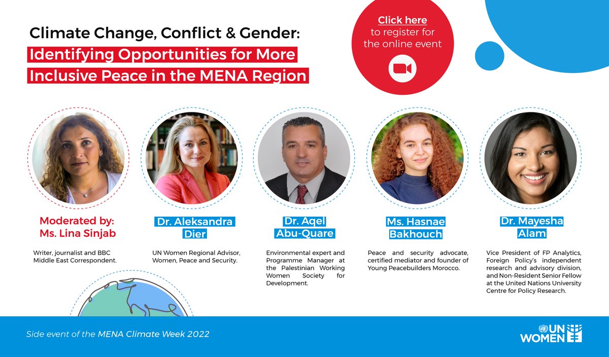 This 31st March at <a href="/UNFCCC/">UN Climate Change</a>'s #MENAClimateWeek 2022, join our online event "Climate Change, Conflict and Gender: Identifying Opportunities for Inclusive peace in the MENA Region” 
Check out the speakers 👇🏾
Register here: bit.ly/3ttfSQo
