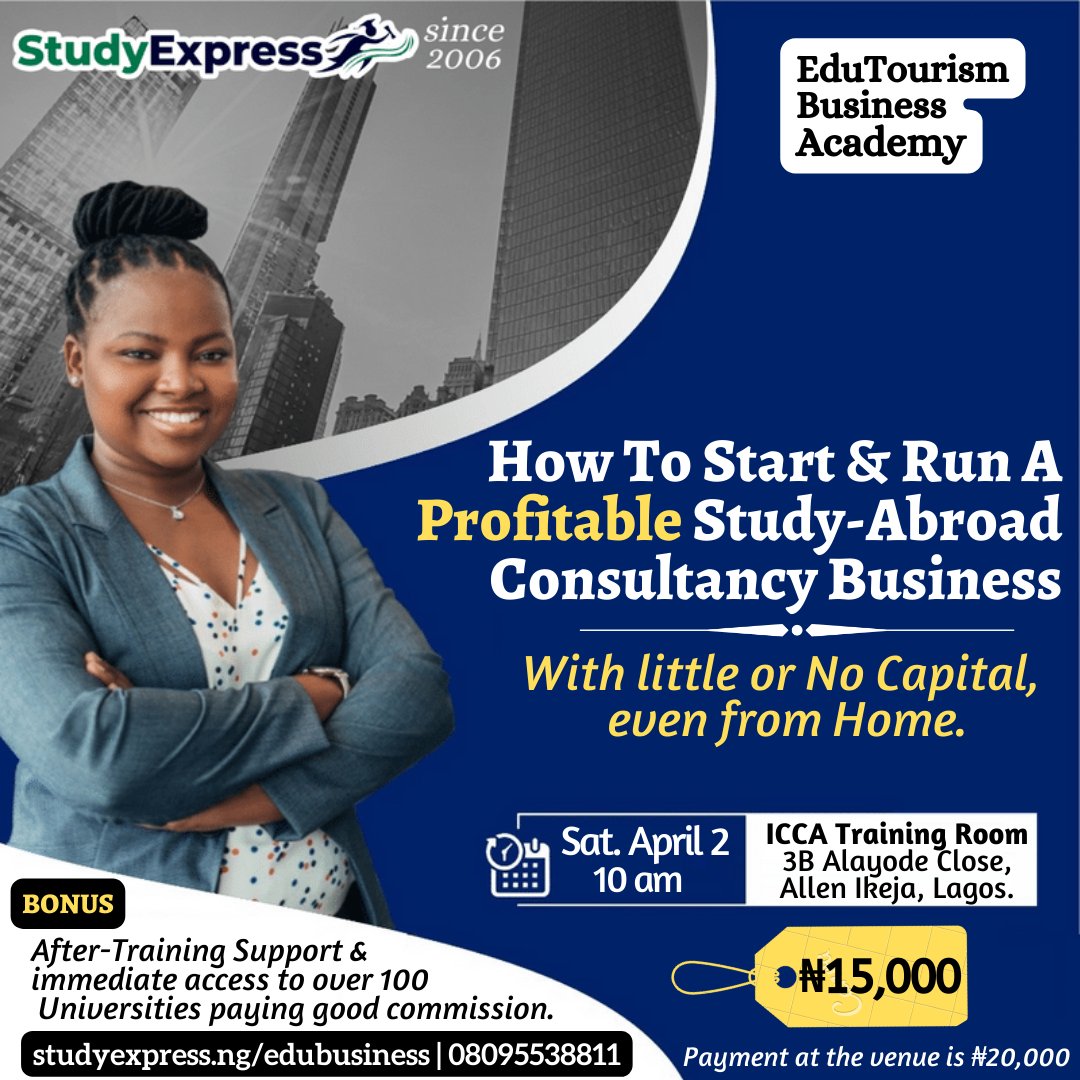 StudyexpressNG's tweet image. This is a business opportunity you can&apos;t afford to miss this Saturday.
Venue: Ikeja Chamber of Commerce, 3B Alayode Close, Allen Avenue, Ikeja, Lagos.
Call/whatsapp 08095538811 to register.

Visit studyexpress.ng/edubusiness for more info