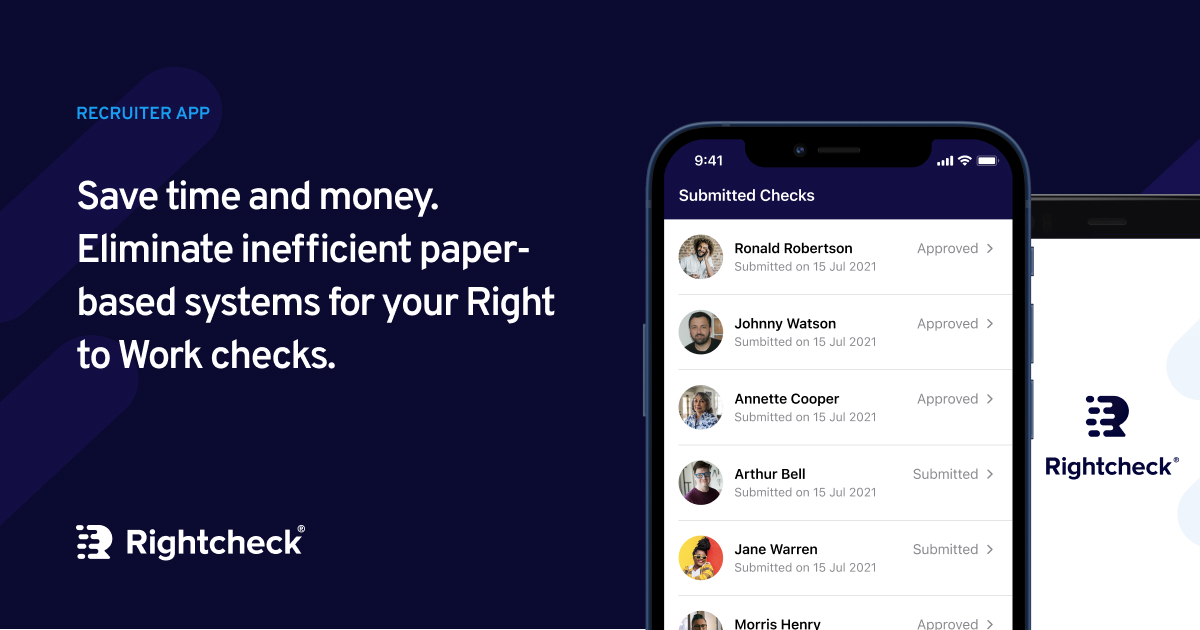 Rightcheck's tweet image. Save time and money. Eliminate inefficient paper-based systems for your Right to Work checks.

Discover how Rightcheck can help you drive costs down in your recruitment process: rightcheck.io/solutions/recr…