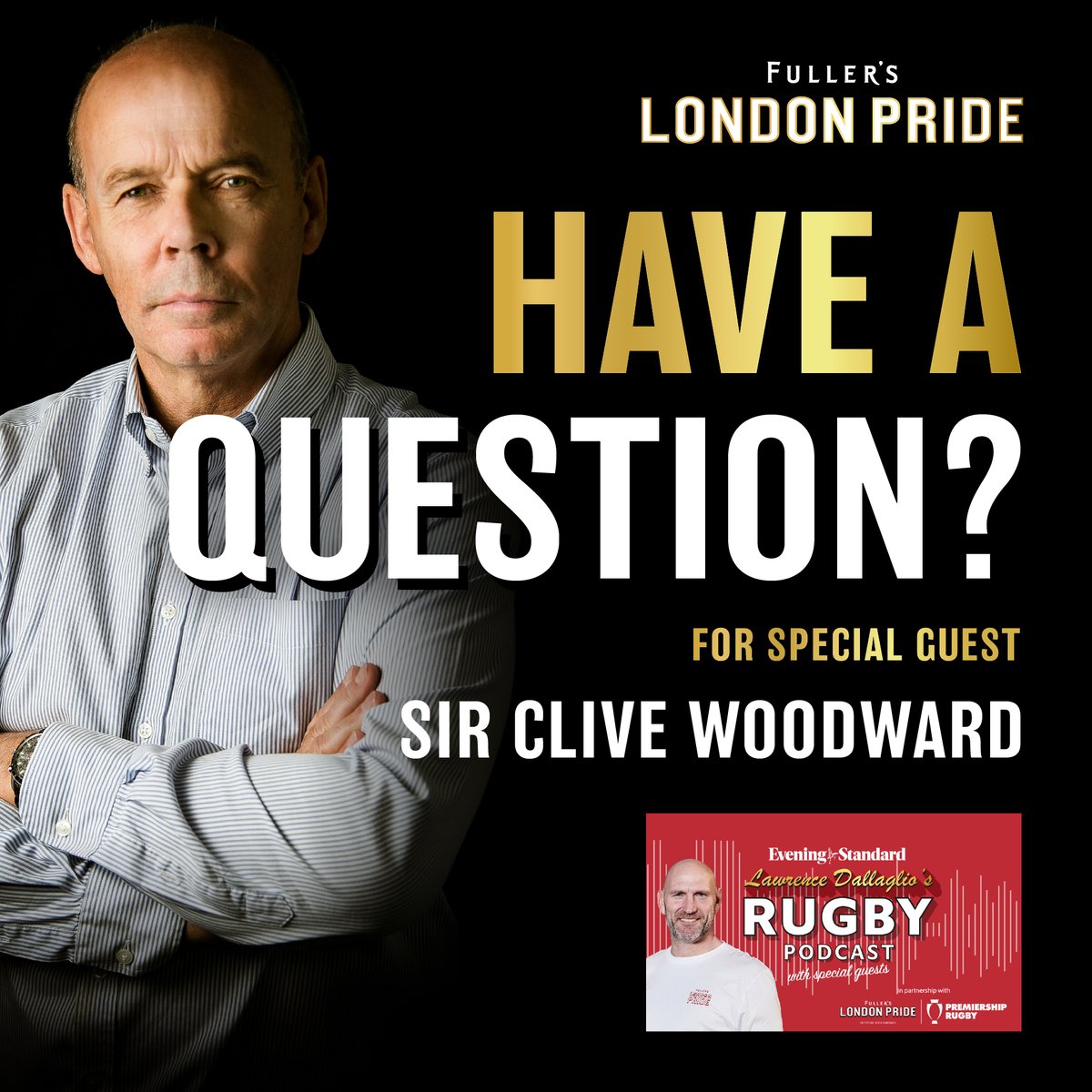 Comment below for the next episode of @dallaglio8 Rugby Podcast.

Outstanding questions for @CliveWoodward might receive some bottles of Pride. 🍻

Episode coming soon. 🏉

@standardsport @premrugby #SupportwithPride #DrinkResponsibly