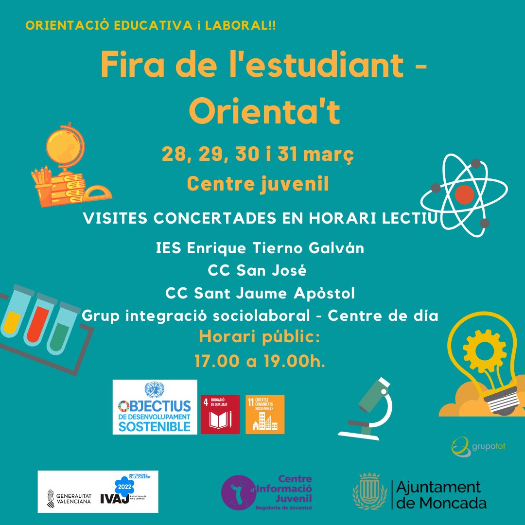 grupotot's tweet photo. Iniciem una nova edició de la fira de l'estudiant Orienta't a Moncada. Orientació i assessorament educatiu sobre els itineraris formatius del teu entorn. Matins reservats per a visites escolars i vesprades d'accés lliure per a visites particulars !!!
@Moncadajove @AytoMoncada https://t.co/1FwKFHyOjn