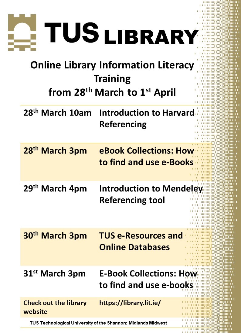 TUS_LibraryMW's tweet image. See below for this week&apos;s online sessions, starting with an Introduction to #HarvardReferencing at 10am. Click the link to book a place: mislibsrv.lit.libcal.com/calendar/works…