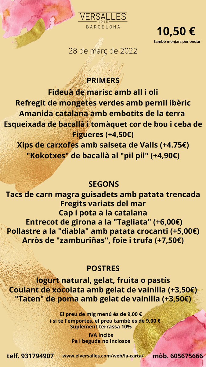 VersallesStAndr's tweet photo. Aquest és el nostre menú d'avui. Enamorats de la nostra feina.
#barversalles #foodversalles #food #foodporn
#menjarbeabarcelona #restaurant #qualityfood
#elversalles #gaudiuelversalles #menudeldia https://t.co/JOZGY4U8ad