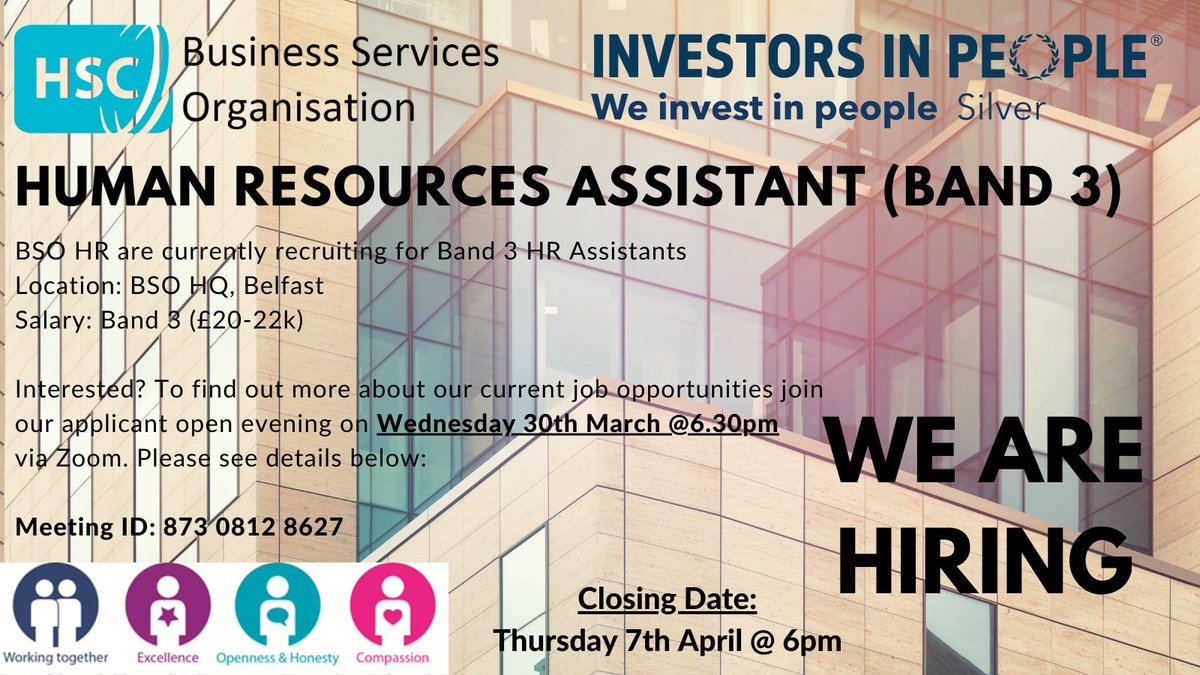 BSO_HR's tweet photo. WE ARE HIRING 📣 We are currently recruiting for Band 3 HR Assistants. Interested? To find out more about our current job opportunities join our applicant open evening on Wednesday 30th March @ 6.30pm 
via Zoom. Meeting ID: 873 0812 8627 - we look forward to meeting you! https://t.co/i3ofqzV1C3