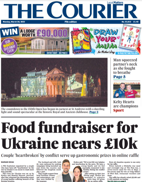 My sister and brother-in-law's efforts to fundraise for the people of Ukraine feature on the front page of <a href="/thecourieruk/">The Courier</a> Support them here: linktr.ee/fifecookforukr…