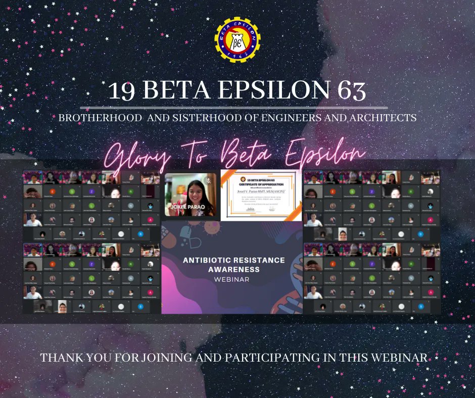 betaepsilon1963's tweet photo. Thank you so much everyone for the support and participation on last night's webinar entitled "Antibiotic Resistance Awareness"

Special thanks to Miss Joxel Parao, It was indeed a pleasure to have you as our speaker.

Glory to Beta Epsilon. https://t.co/Cxw555fLKp