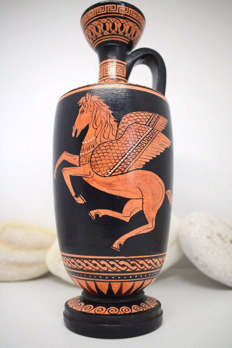 AcropolisGall's tweet photo. ⚡️🏛A rare red figure Attican lekythos vase of Classical Period adorned with The Pegasus or Pegasos, was an immortal, winged horse which sprang from the neck of the beheaded Gorgon Medousa (#Medusa). 
 ✨https://t.co/uWuoh2vCwE 👈
#GreekVase #GreekPottery #AncientGreece https://t.co/q20WJxTtGm