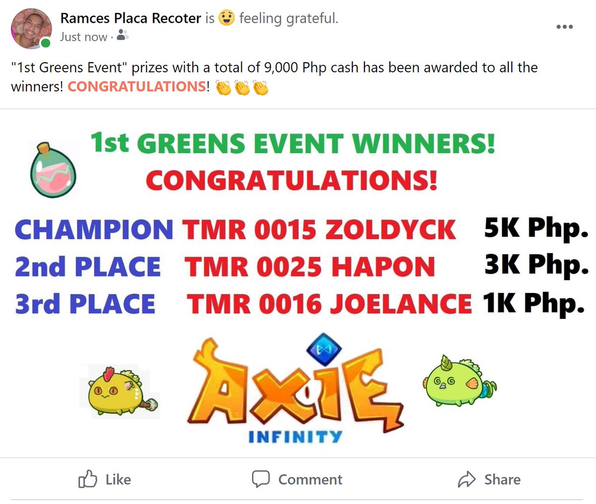 TMR_Axie's tweet photo. My simple way of returning the favor and saying thank you to all of my scholars who stays with the team during ups and downs and by making them competitive! 

Congratulations!

Feeling proud and strong with....
@Jihoz_Axie 
@AxieInfinity 
@ZyoriTV 
@Psycheout86 https://t.co/j4fZWEjTZH
