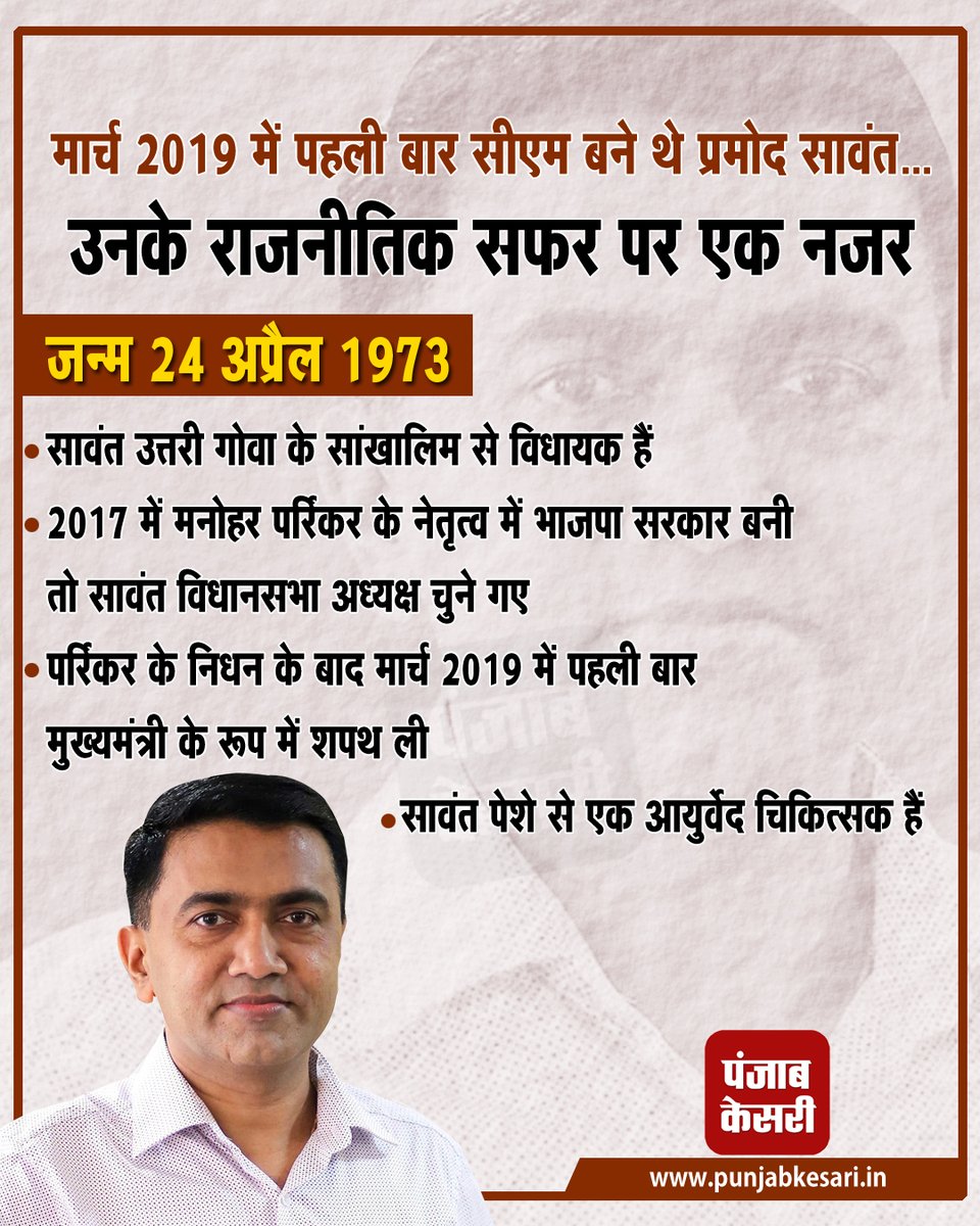 punjabkesari's tweet photo. मार्च 2019 में पहली बार सीएम बने थे प्रमोद सावंत...उनके राजनीतिक सफर पर एक नजर
#Goaassemblyelection2022 #PramodSawant #oathceremony #PMNarendraModi #BJP #ManoharParrikar #NationalNews #punjabkesari #punjabkesarinews https://t.co/WwyaJan2e2