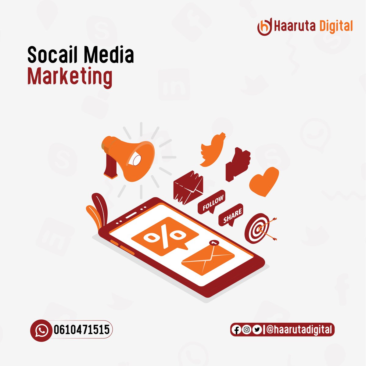 HaarutaDigital's tweet photo. Haaruta Digital waxay diyaar kula tahay in aan ka caawiso kuna sameeyo Social Media Marketing taasi oo Company Aduunka oo dhan gaarsineyso hadii aaad u baahantahay waxaa naga soo xariirta.
 Get in Touch
 WhatsApp: +252-610471515
 Email: haarutadigital@gmail.com https://t.co/k7iZn8Tf2W
