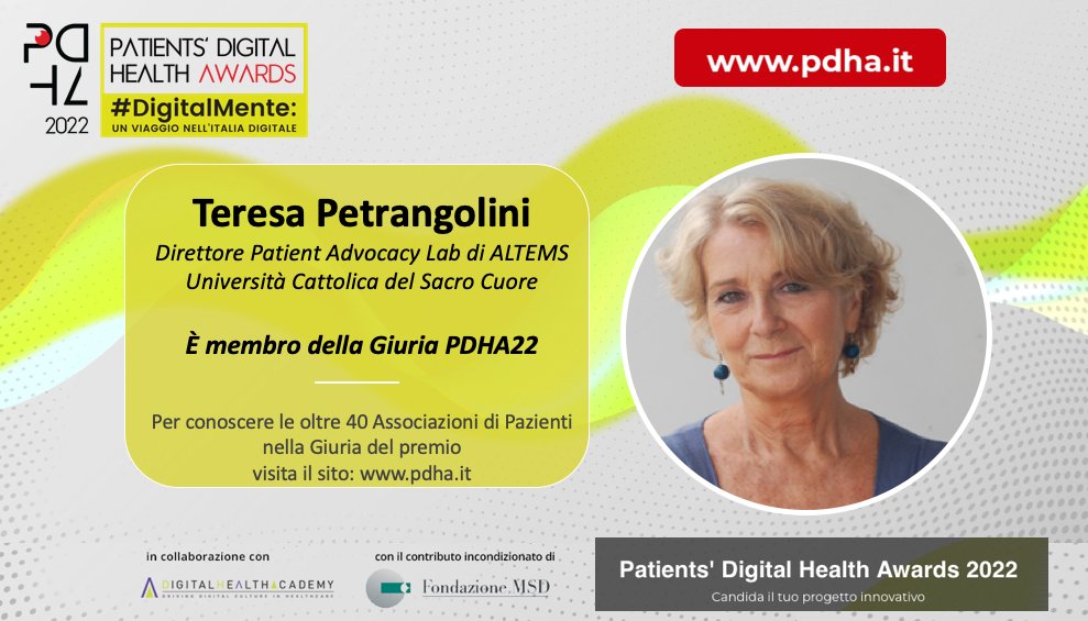 DigHealthAca's tweet photo. 📌Oltre 40 le #AssociazioniPazienti a valutare le migliori innovazioni digitali per la salute del #premio #PDHA22. In Giuria anche esperti di #patientengagement come @tepetrangolini (Patient Advocacy Lab @ALTEMS4).
Tutto su Patients' #DigitalHealth Awards➡️https://t.co/cq0djRNaRm https://t.co/83xJyY0uuL