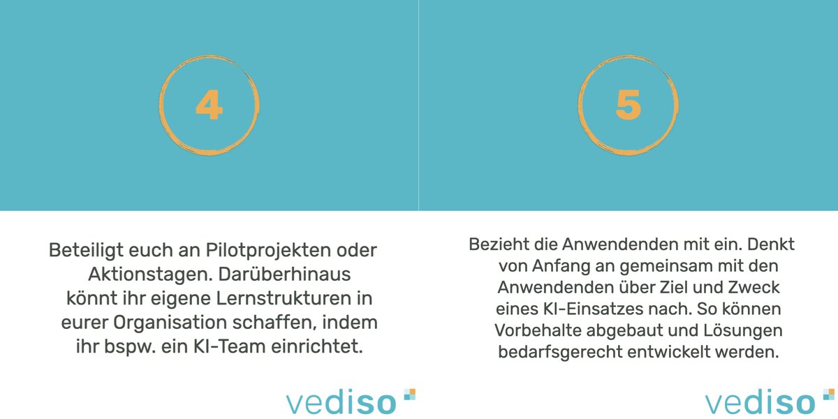 Vediso_eV's tweet photo. In den Projekten #pulsnetzKI und #ProKIP machen wir uns fit, um unsere Mitglieder bei ihren KI-Vorhaben zu unterstützen. Geht ihr bereits erste Schritte Richtung #KI? Mit unseren #5Tipps geben wir Hinweise, wie ihr diese ersten Schritte gestalten könnt. https://t.co/x61lCmG8R1
