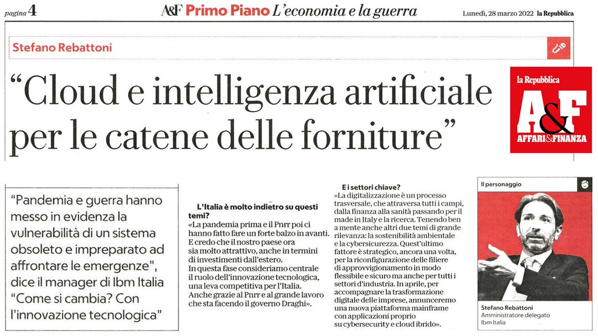 La pandemia e le tensioni geopolitiche hanno fatto emergere le vulnerabilità delle #SupplyChain 

La risposta sta nell’#innovazione tecnologica, #cloud e #AI in primis. E nelle #competenze professionali

➡️ L'intervista di <a href="/sterebattoni/">Stefano Rebattoni</a> per <a href="/RepubblicaAF/">Repubblica Affari&Finanza</a> 

ibm.co/3K1MpTT