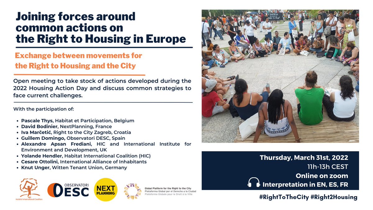 💫Join us this Thursday for an open conversation with European housing movements to discuss common strategies to secure the #Right2Housing and #RightToTheCity to face current challenges!
🗓️March 31st, 11h-13h CEST
Registration &amp; more info hic-net.org/event/joining-…