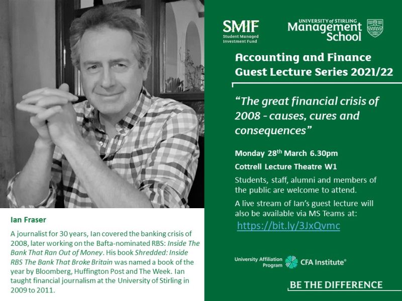 Looking forward to delivering <a href="/StirUni/">University of Stirling</a> SMIF guest lecture on “The Great Financial Crisis of 2008 - Causes, Cures and Consequences” tonight at 6:30pm. If you can’t make it to Cottrell Theatre, a live stream will be available via <a href="/MicrosoftTeams/">Microsoft Teams</a> bit.ly/3JxQvmc