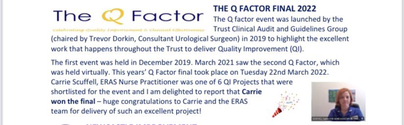 Very proud of my friend @CScuffell for winning @NewcastleHosps QFactor. Wonderful recognition for the hard work that she and all her colleagues @ERASTransplant have put in.