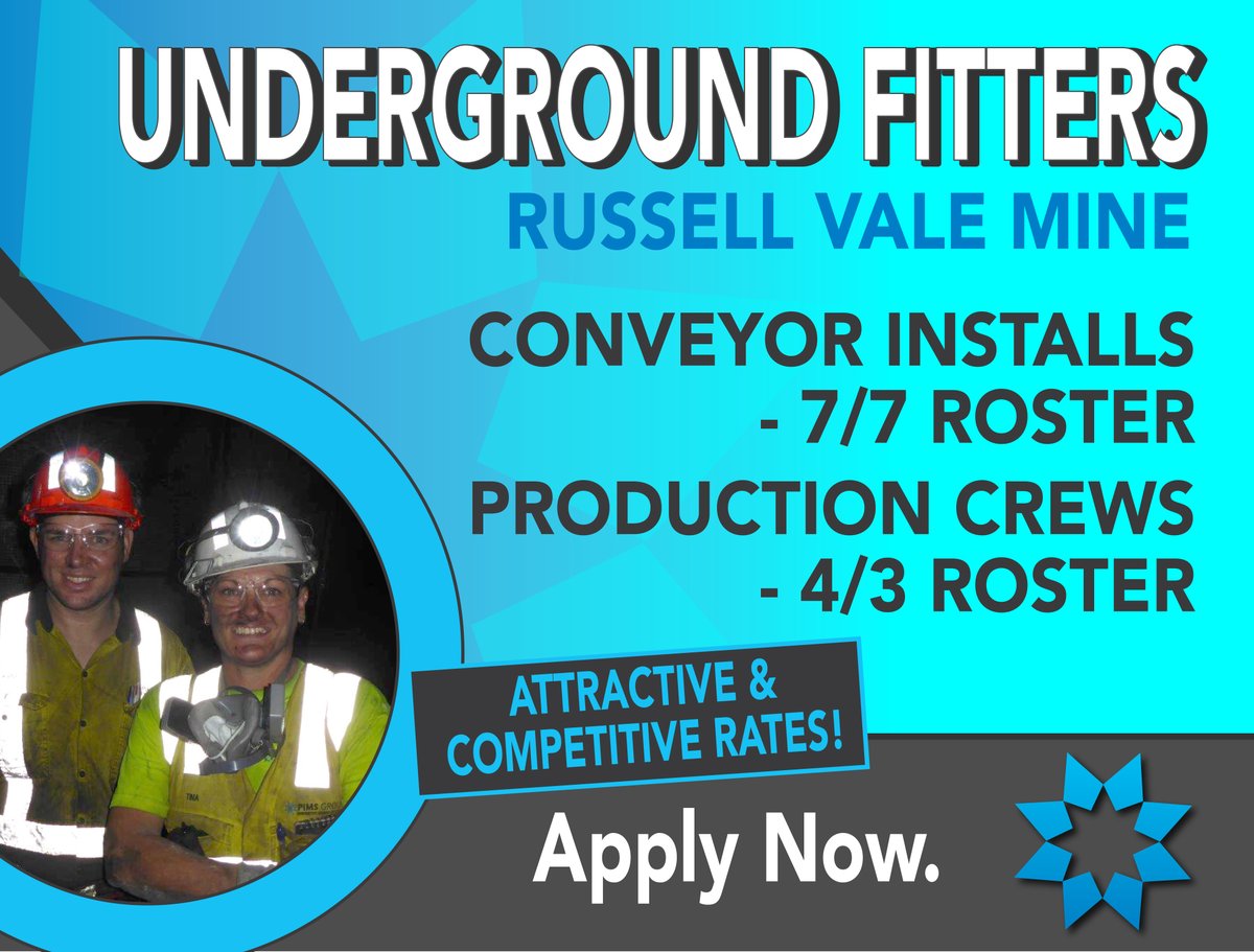 NSW Underground Fitters!! We've got a roster to suit everyone at Russell Vale.

Don't Miss out on a work/life balance, Apply now!
clientapps.jobadder.com/82025/pims-gro…
