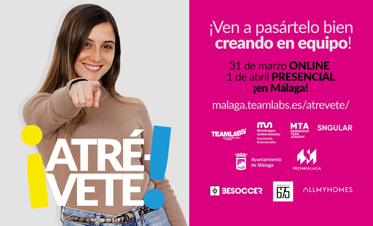 #AtréveteMálaga es una invitación para todos los jóvenes que quieren aprender haciendo y ¡descubrir nuestra metodología! 🚀
Estamos en Málaga: ¡atrévete a participar en nuestro #hackathon 
Más info 👉 bit.ly/3qygRgE 

<a href="/malaga/">Ciudad de Málaga</a> <a href="/JmCalderon/">José Manuel Calderón</a> <a href="/MUnibertsitatea/">Mondragon Unibertsitatea</a>