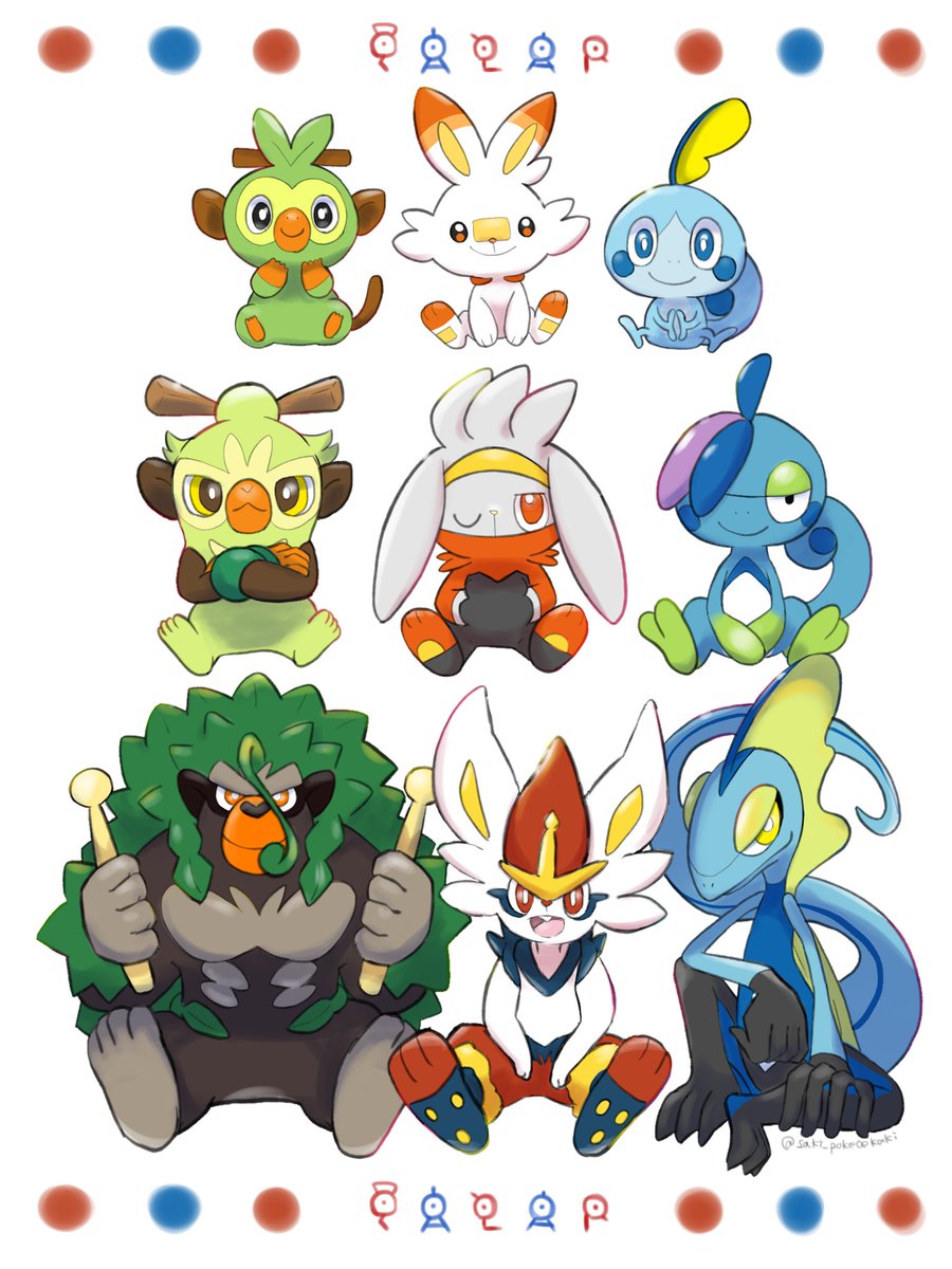 grookey ,scorbunny ,sobble pokemon (creature) starter pokemon trio smile closed mouth holding stick stick open mouth  illustration images