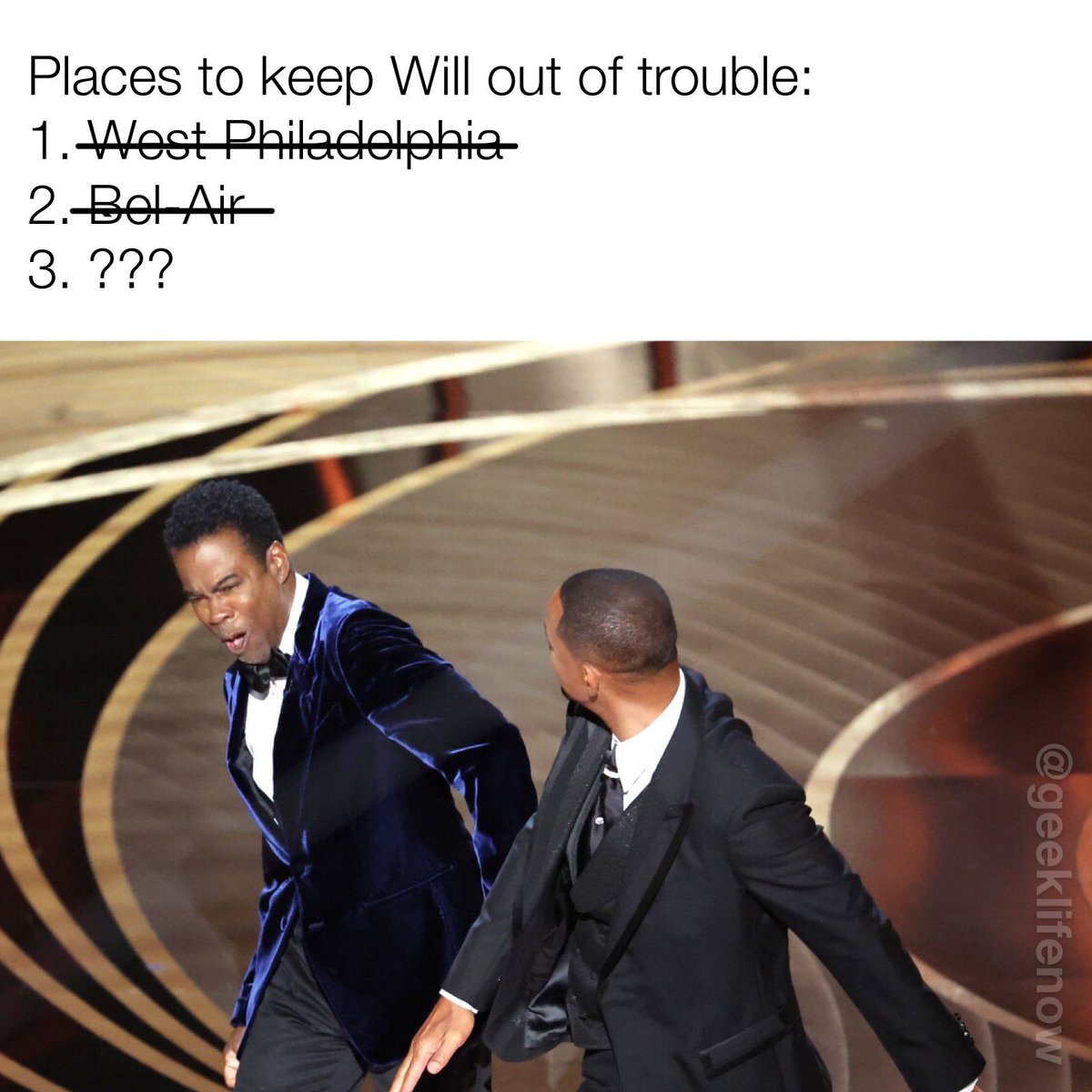 GeekLifeNow's tweet photo. Feeling sorry for #WillSmith’s mom…back to the drawing board! Where will she send him next???
#Oscars #onelittlefight #teamChrisRock https://t.co/Y49ytGE6LM