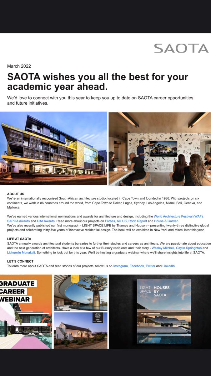 Dear Witsies,

An amazing opportunity for undergraduate and postgraduate architectural students brought to you by SAOTA!

Visit their Twitter page here: x.com/_SAOTA