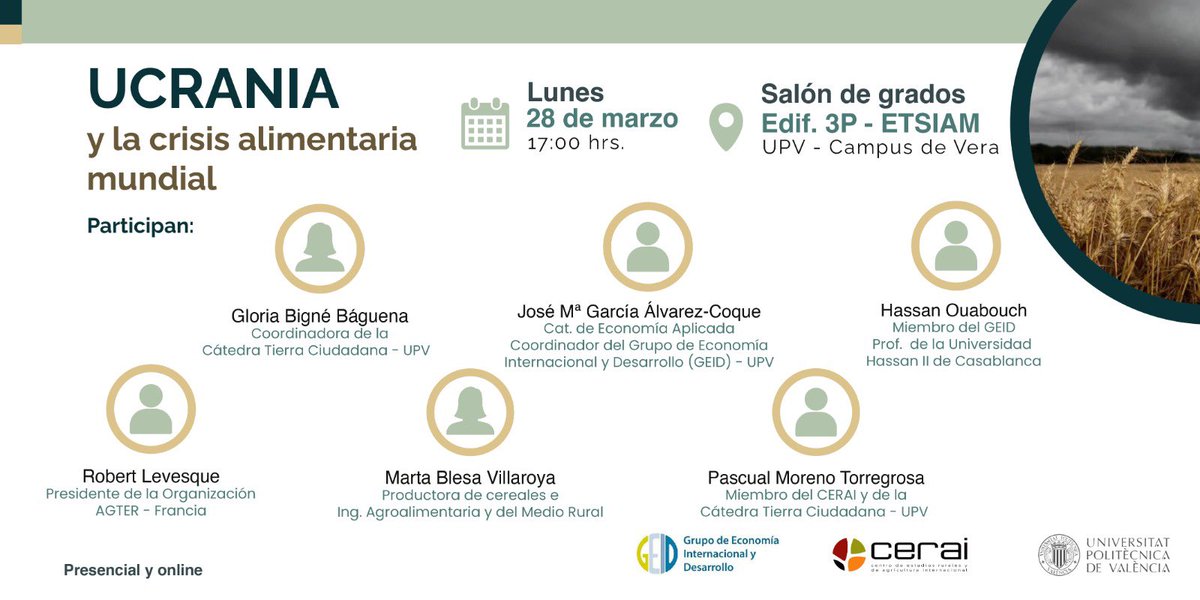 TCiudadana_UPV's tweet photo. 🔴Está tarde:

Ucrania 🇺🇦 y la crisis alimentaria mundial🌾🍽🌍

🗓 28 de marzo
🕔 5pm
📍 Salón de grados Edif. 3P @eamnupv de la @UPV. València

Puedes seguir la sesión #ONLINE en:
🧑🏽‍💻https://t.co/cdT8wGUEWZ

Organizan: @ONGD_CERAI y #GEID

@mueamaupv @jmalvarezcoque @catenerg https://t.co/X7fwSm53SF