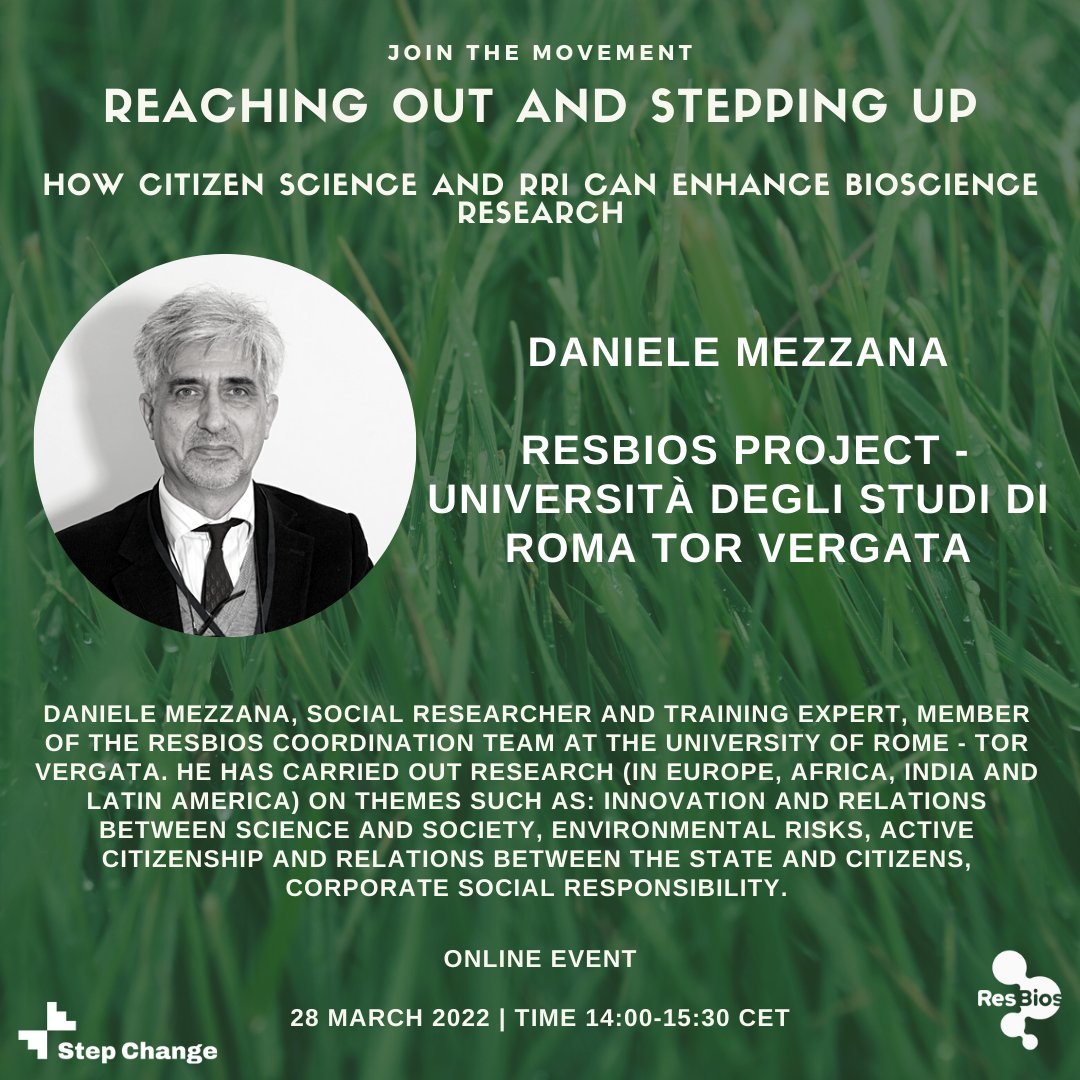 resbios's tweet photo. Due to unforeseen circumstances, there is going to be a lineup change for today's Reaching Out and Stepping Up Webinar. 

Unfortunately, @CarlaEMontesano is unable to attend and we would like to thank @DanieleMezzana for stepping in to talk about @resbios and #RRI

@StepChangeEU https://t.co/K2Z5vXgall