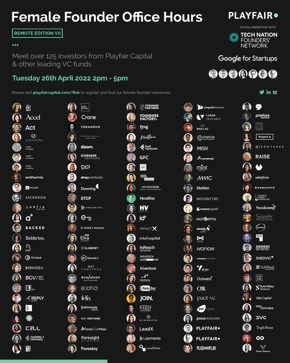 I'm excited to be participating in Europe-wide Female Founder Office Hours on behalf of <a href="/lightbird_vc/">Lightbird Ventures</a> , hosted by <a href="/playfaircapital/">Playfair</a>, <a href="/TechNation/">Tech Nation</a> and <a href="/GoogleStartups/">Google for Startups</a> on 26th April.

125 VCs are collaborating to support 300+ female founders

Register here: playfaircapital.com/ffoh/