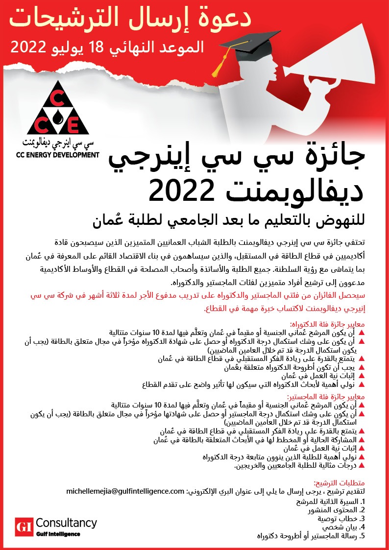 📝جائزة سي سي إينرجي ديفالوبمنت 2022

دعوة إرسال الترشيحات
الموعد النهائي 18 يوليو 2022