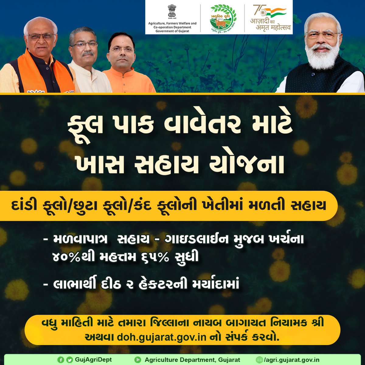 રાજ્યનો ખેડૂત ફૂલ પાક વાવતો થાય અને આત્મનિર્ભર બને એ માટે ફૂલ પાક વાવેતર સહાય યોજના જેમાં ખેડૂતને ખર્ચના ૬૫ ટકા સુધી સહાય મળે છે વધુ માહિતી માટે તમારા જિલ્લાના નાયબ બાગાયત નિયામક શ્રી અથવા doh.gujarat.gov.in નો સંપર્ક કરવો.