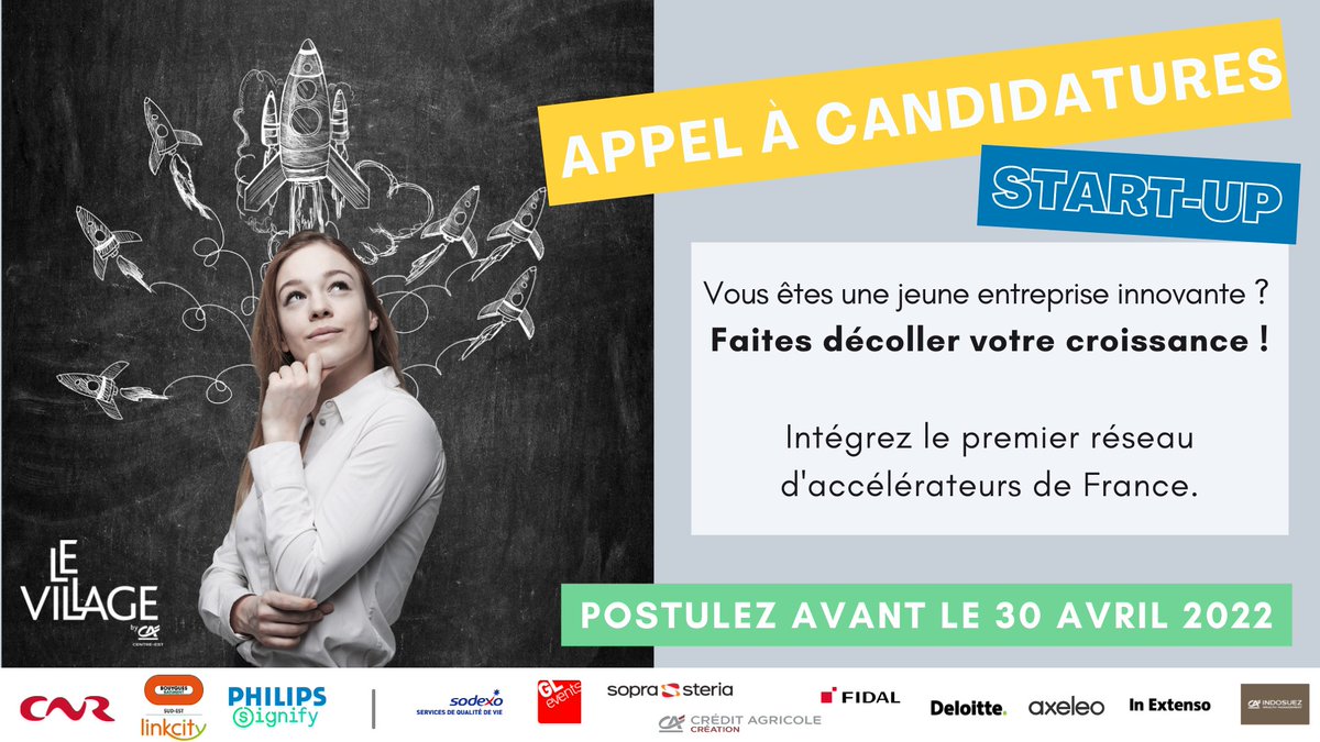 [#AppelàCandidatures] 📢 #startup Vous souhaitez rejoindre le programme d'accompagnement du 
<a href="/VillagebyCaCe/">VillagebyCa-Centrest</a> ? 
Vous avez jusqu'au 30 avril 2022 pour candidater sur : bit.ly/3DVyn3j