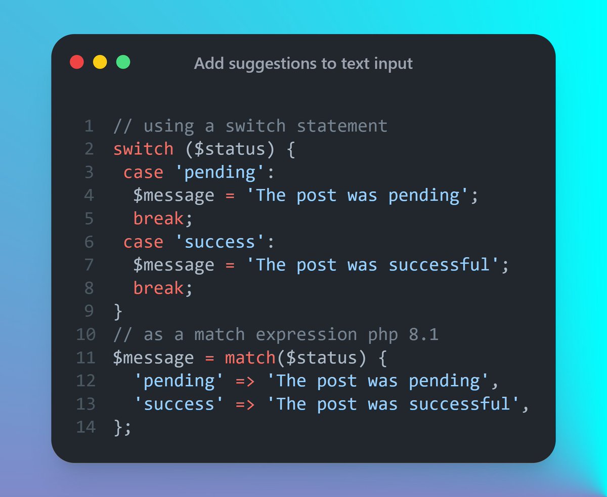 eighty9nine's tweet image. 💫 Tips for devs #38

📝PHP

Use match expression introduced in php8.1, which is more concise than the previous switch!

#programming #TipsForDevs #100Devs #HTML