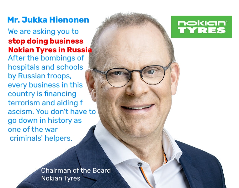 uzhepora's tweet photo. @NokianTyresCom stop doing business in Russia! You finance the war and terror against the Ukrainians. Every euro you pay for the Russian authorities is bombs for our children. #JukkaMoisio #JukkaHienonen #AnttiMäkinen #Solidium #Varma #StopRussianAggression https://t.co/3KiqiRQ36b
