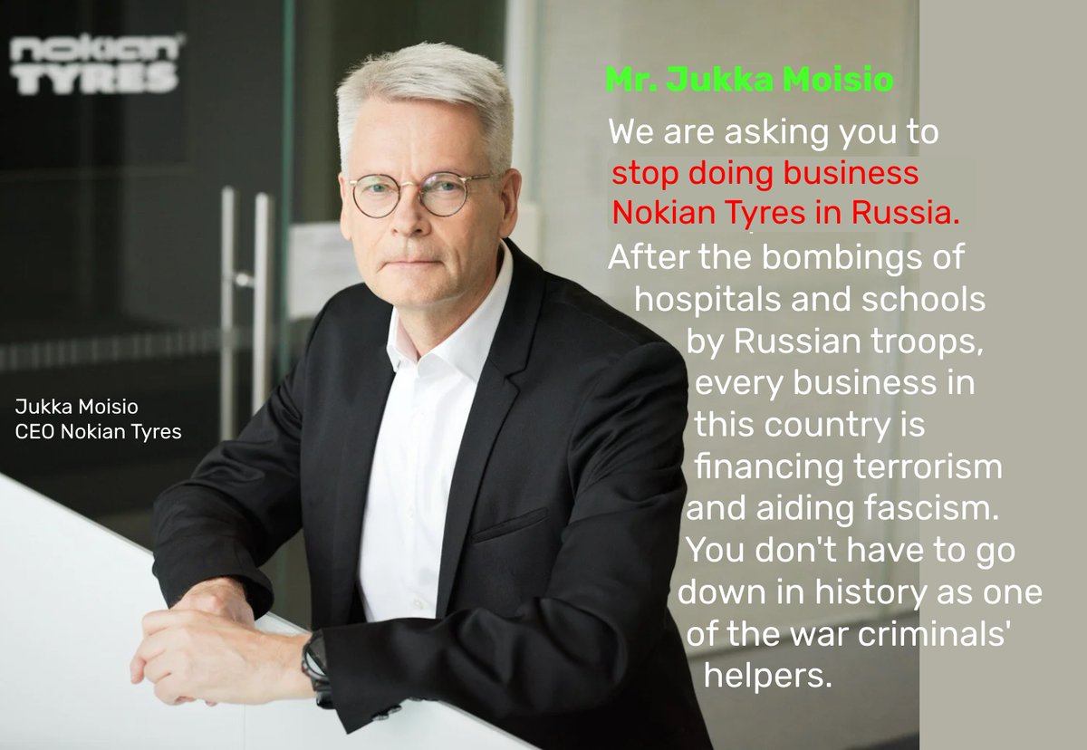 uzhepora's tweet photo. @NokianTyresCom stop doing business in Russia! You finance the war and terror against the Ukrainians. Every euro you pay for the Russian authorities is bombs for our children. #JukkaMoisio #JukkaHienonen #AnttiMäkinen #Solidium #Varma #StopRussianAggression https://t.co/3KiqiRQ36b