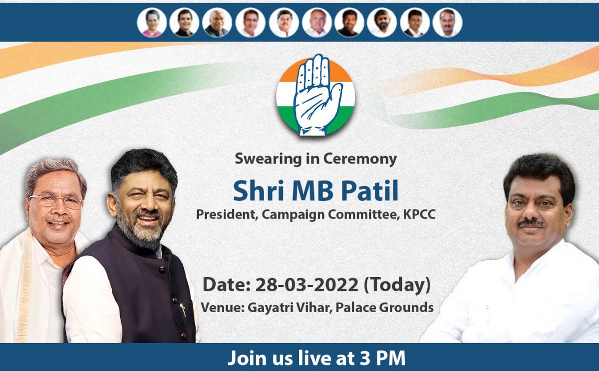 Join us live at 3 PM today for the swearing in ceremony of <a href="/MBPatil/">M B Patil</a> as President of Campaign Committee, KPCC.