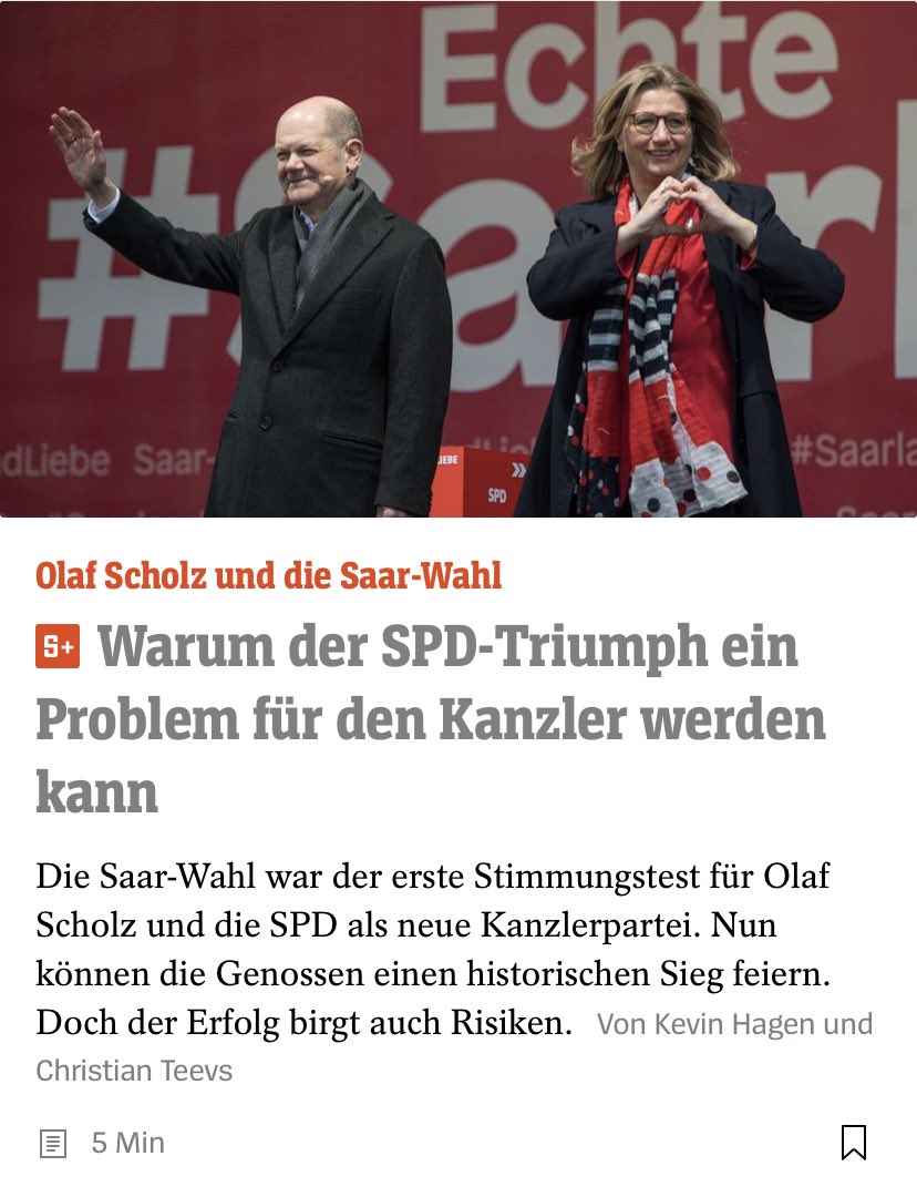 Wenn <a href="/spdde/">SPD Parteivorstand 🇪🇺</a> auch noch #NRW und #schleswigholstein holt, muss <a href="/Bundeskanzler/">Bundeskanzler Friedrich Merz</a> zurücktreten! Qualitätsjournalismzs at its best 🤦‍♀️ #Saarlandwahl #saarlandliebe #SPD