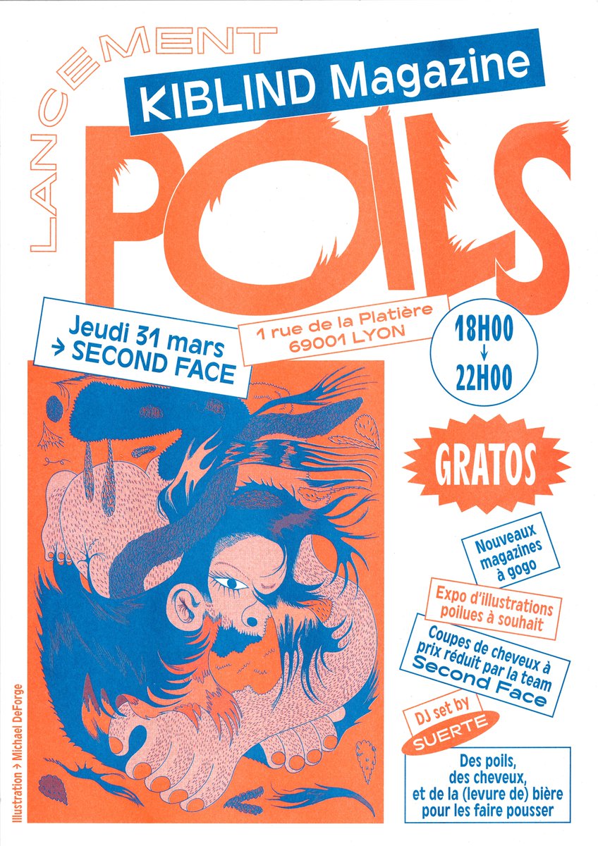 💇Coucou, ce jeudi 31 mars on lance notre nouveau magazine Poils dans un lieu plutôt approprié : chez le coiffeur Second Face Platière (Lyon 1er). L'occasion de choper le mag, profiter d'un Dj set et se faire couper les cheveux en même temps ✂️

Event > bit.ly/3iHQu3i