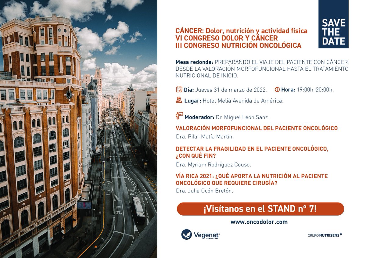 SAVE THE DATE! 

Cáncer: Dolor, nutrición y actividad física / VI Congreso Dolor y Cáncer / III Congreso Nutrición Oncológica 📍

Tenemos preparada una mesa redonda

Jueves 31 de Marzo 🗓️ 19:00 - 20:00 🕗

Hotel Meliá Av. América 🏨

Visítanos en el Stand nº7 🚀

#Oncodolor